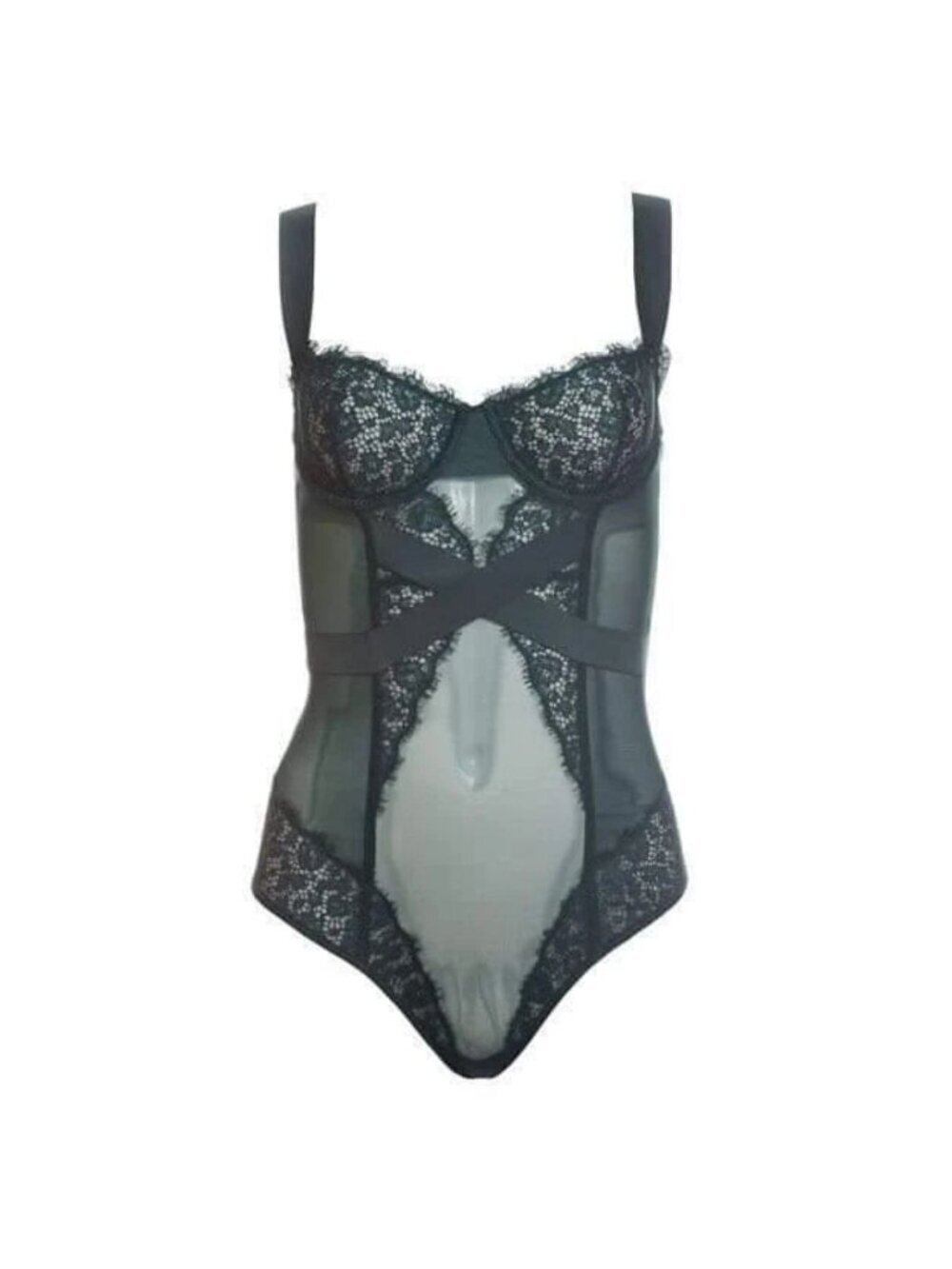 NWT! Victoria’s Secret Black Lace Mesh Teddy Bodysuit 34B lady Gaga 25524